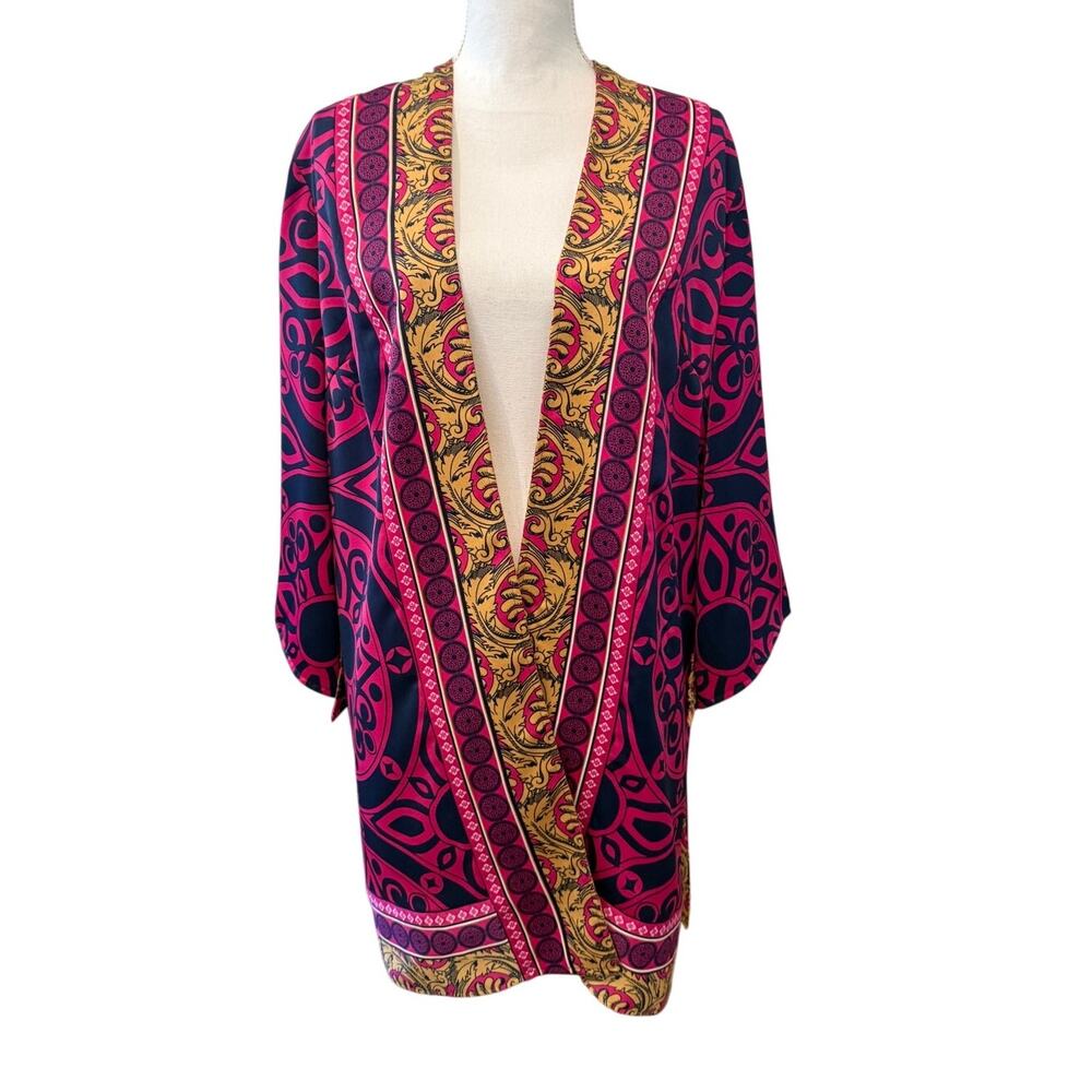 Chicos Reversible Kimono Kaftan Top Magenta Blue Gold Print